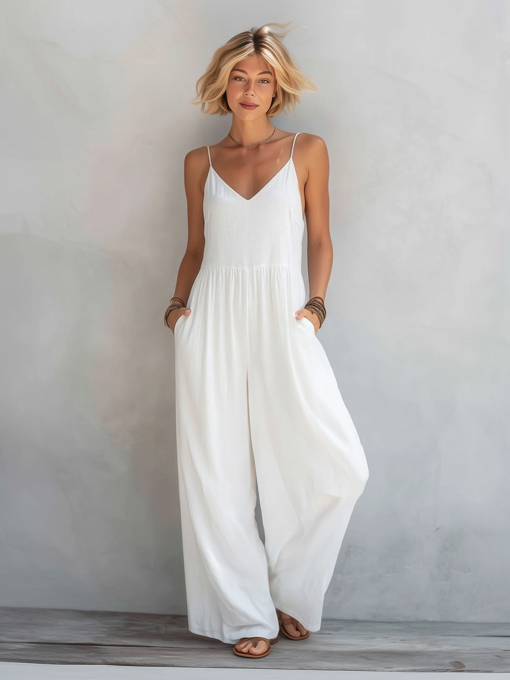 Women's Summer Bodysuit in White Made of Cotton and Linen MDZ0246C9AN