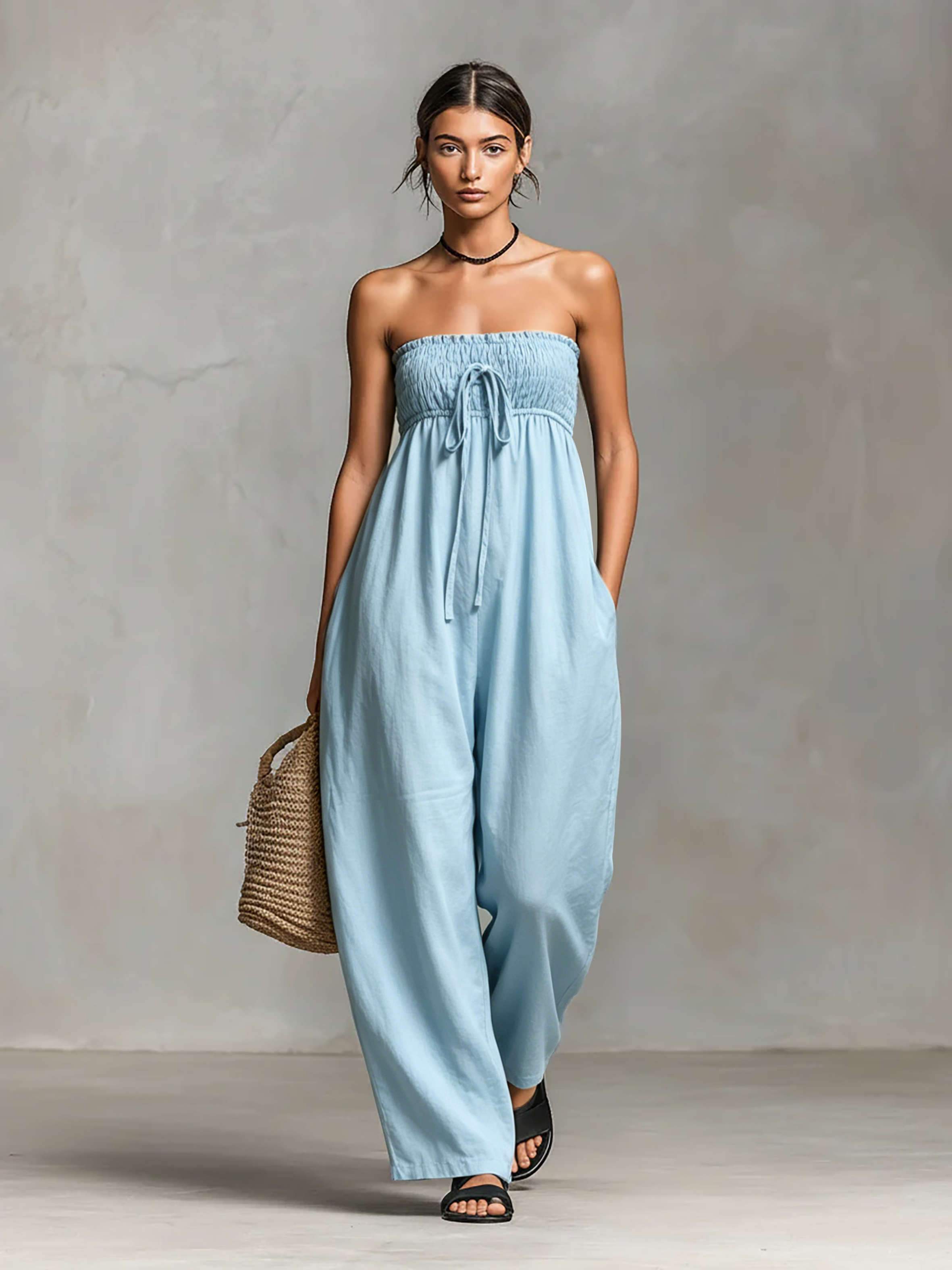 Loose Fit Linen Women's Jumpsuit with Tie Closure MDZ2024A9Y