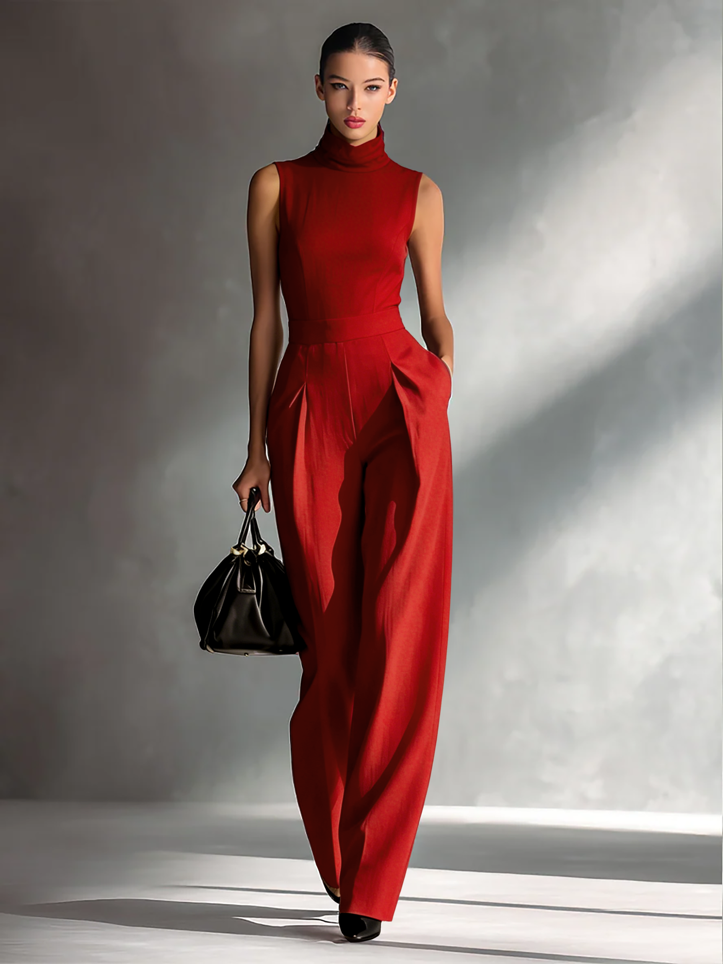 Women's Solid Burgundy Cotton-Linen Sleeveless Jumpsuit with High Collar and Wide Legs MDA2292L5AU