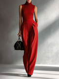 Women's Solid Burgundy Cotton-Linen Sleeveless Jumpsuit with High Collar and Wide Legs MDA2292L5AU
