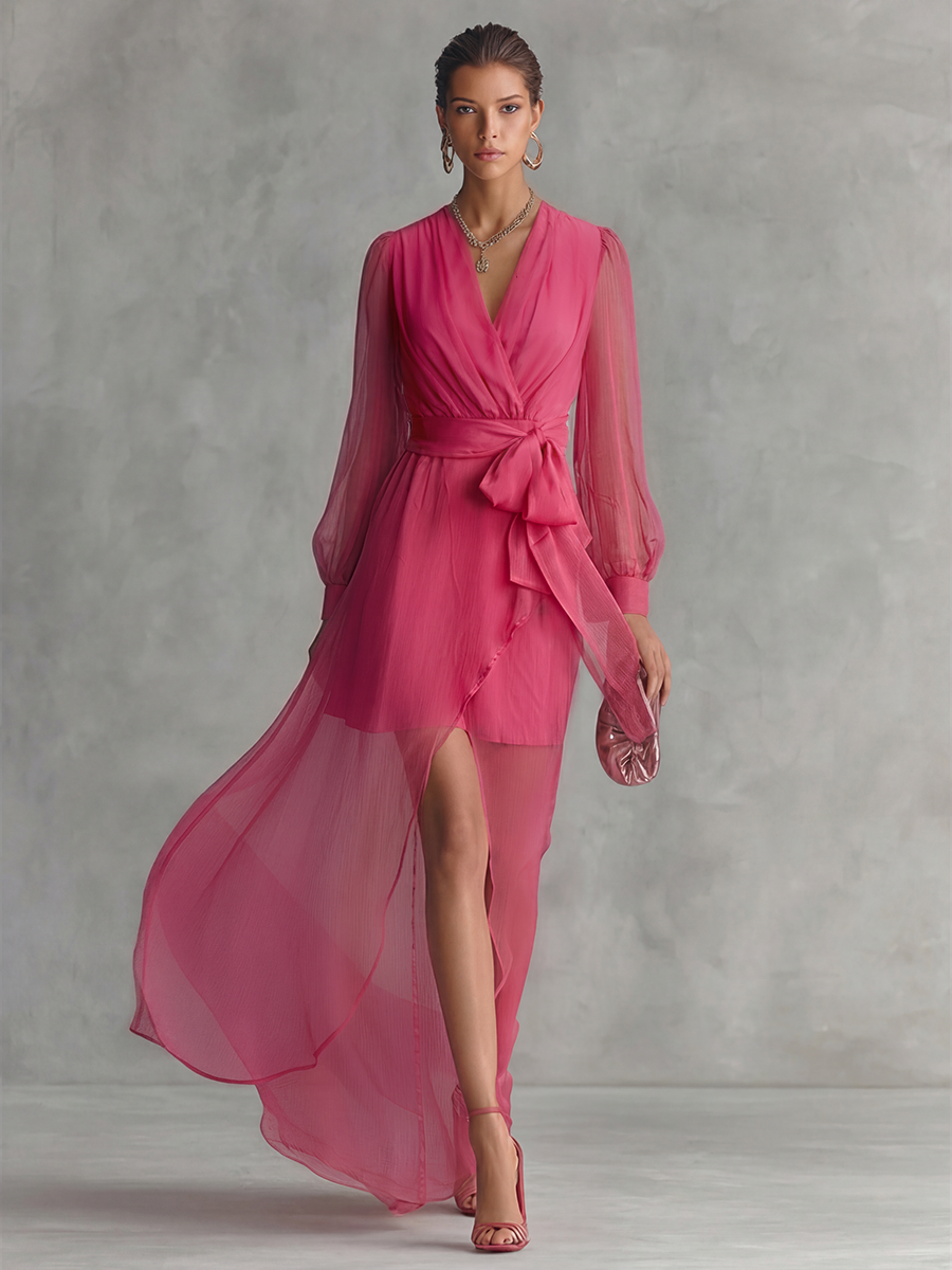 Long Dresses with V-Neck and Waist Strap - Elegant Pearl Pink for Women MDZ1925A7BA