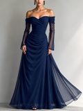 Maxi Dresses for Women in Dark Blue, Made of Organza Silk, with Long Sleeves and Off-the-Shoulder MDA1711L9AN