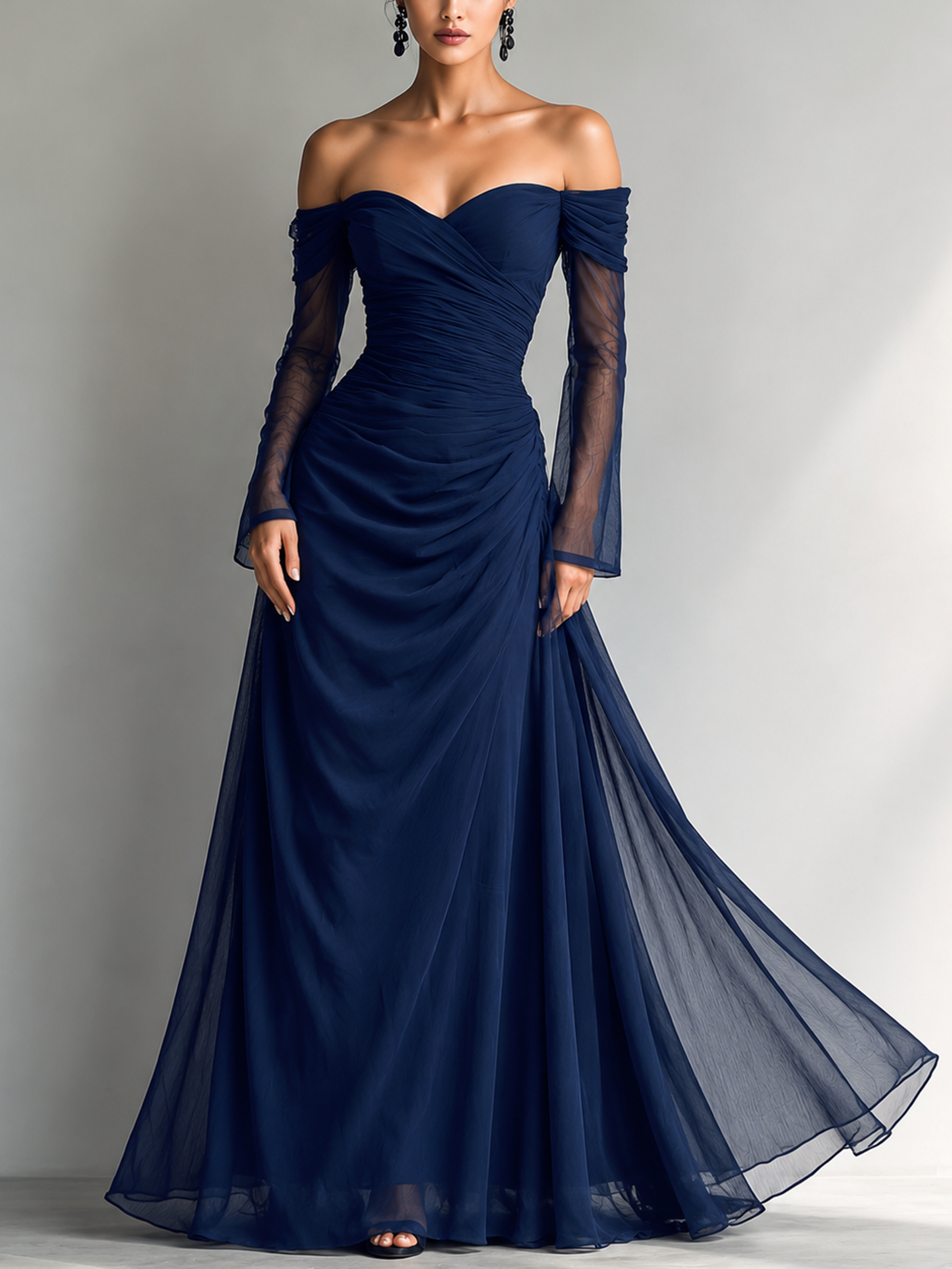 Maxi Dresses for Women in Dark Blue, Made of Organza Silk, with Long Sleeves and Off-the-Shoulder MDA1711L9AN