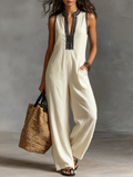 Minimalist Women's Sleeveless Linux Suit with Durable Zipper and Collar, Embroidery MDZ0627B3Y