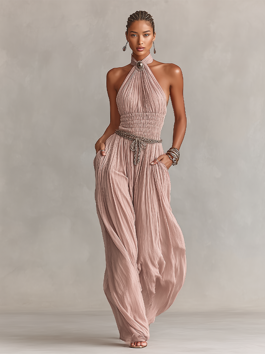 Women's bodysuit in blush color with a choker collar and wrinkled waist, timeless romantic-elegant style (without belt) MDZ1133B7I