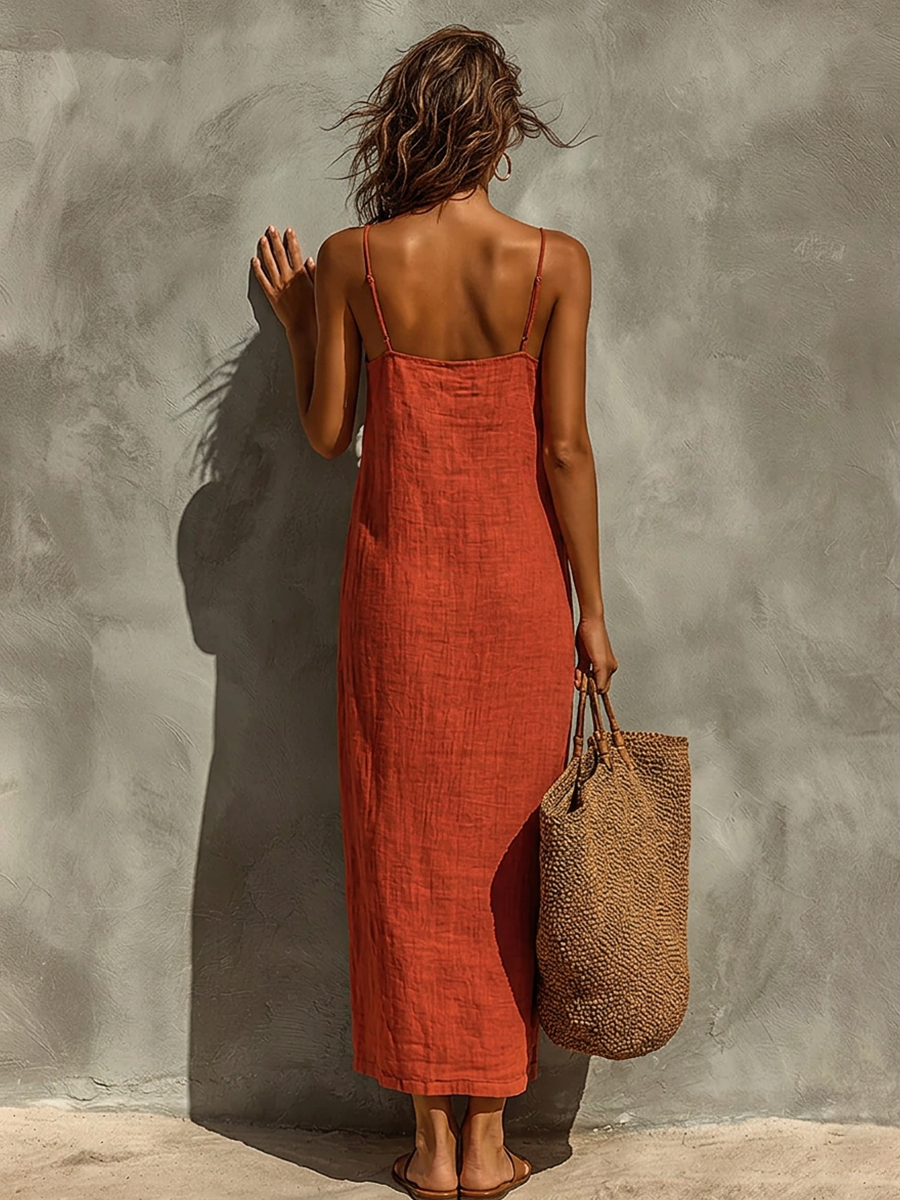 Red Cotton Dress for Women with Spaghetti Straps and Square Neckline, Timeless Boho-Resort Dress MDZ0924C3I
