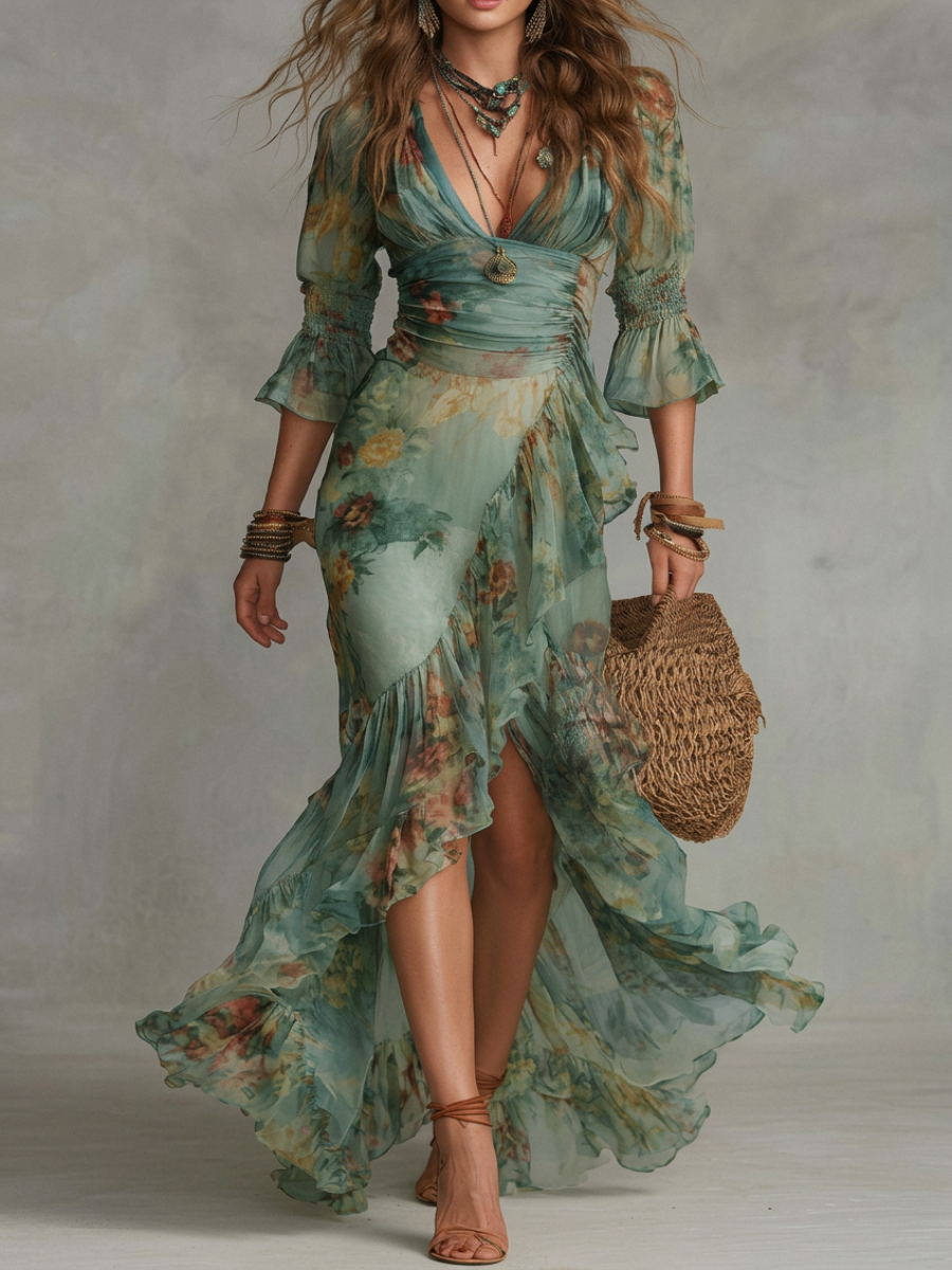 Maxi dresses in grass green chiffon with irregular zippers and cut