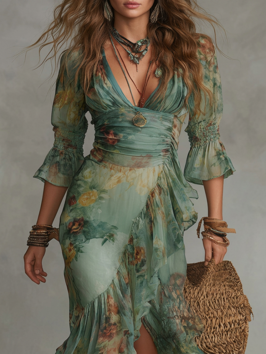 Maxi dresses in grass green chiffon with irregular zippers and cut