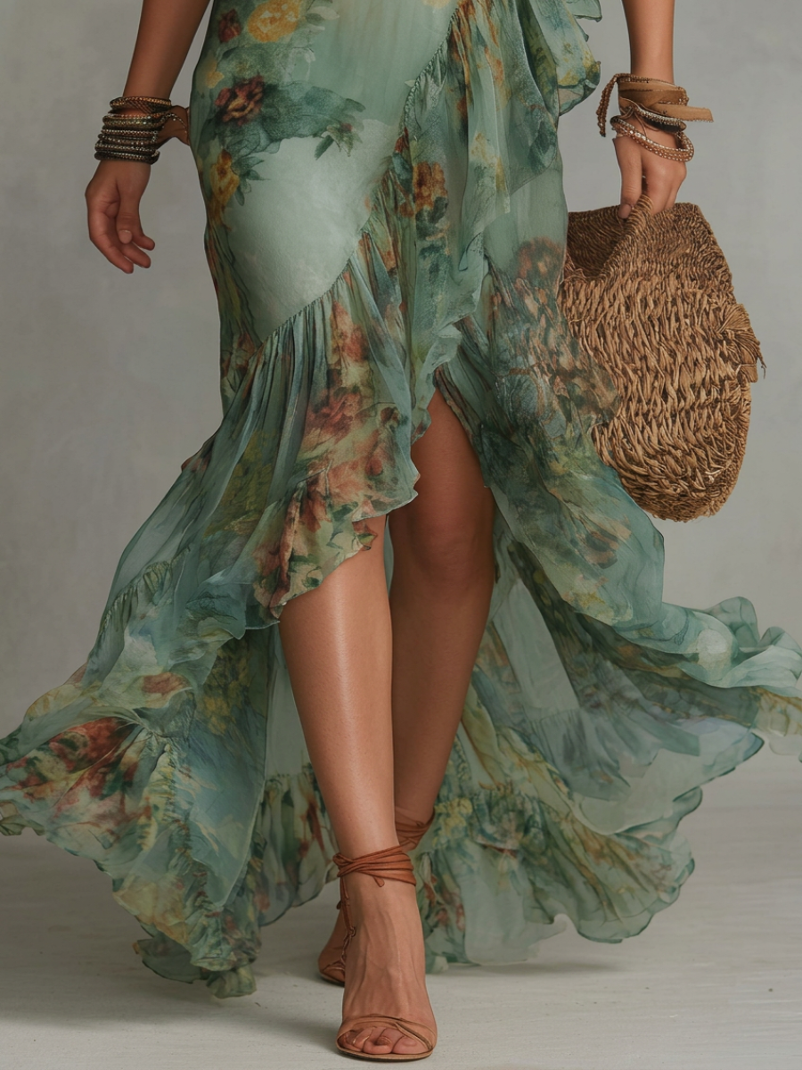 Maxi dresses in grass green chiffon with irregular zippers and cut