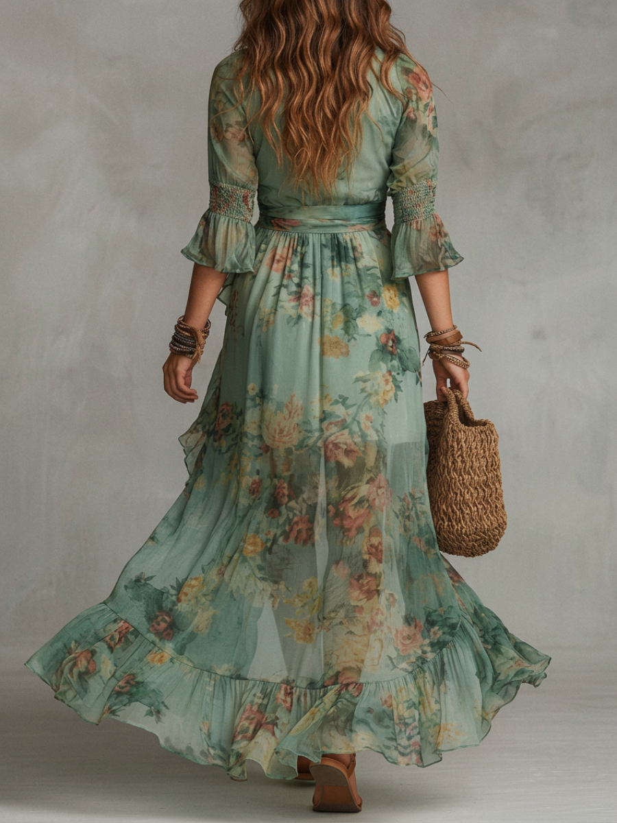 Maxi dresses in grass green chiffon with irregular zippers and cut