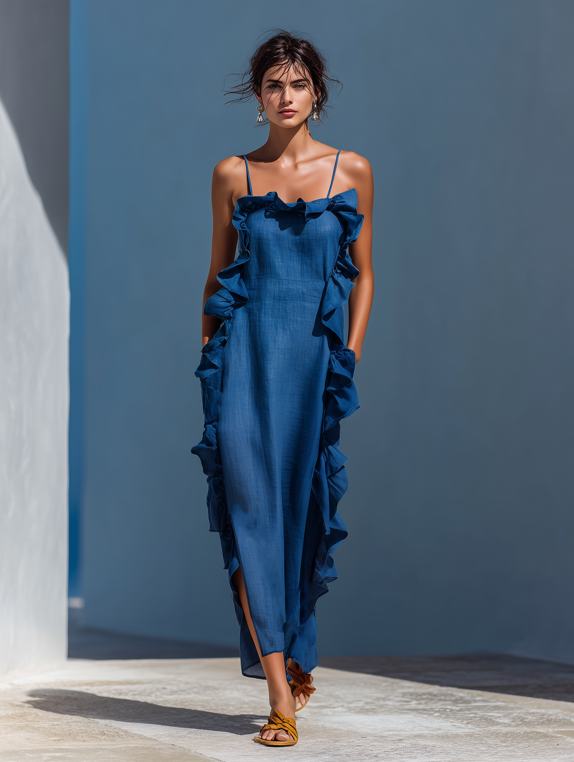 Maxi Dresses for Women in Mixed Linen Fabric in Blue with Spaghetti Straps and Ruffled Edges MDZ2407D1T