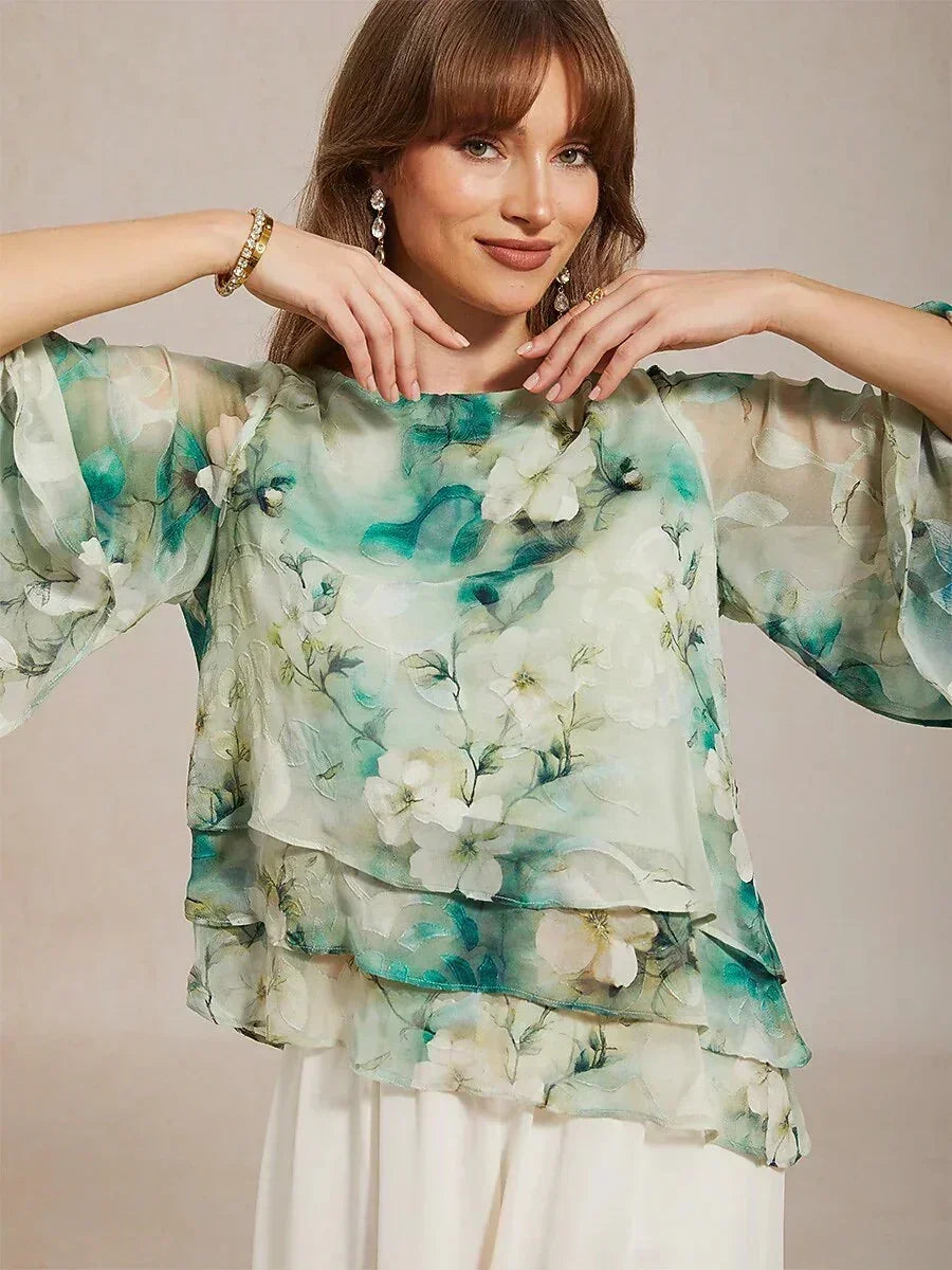 Layered Chiffon Lace Top with Floral Print