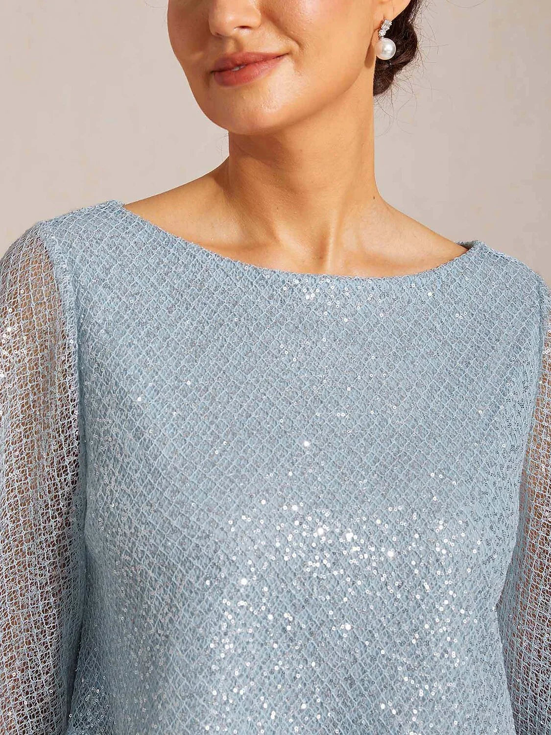 Layered mesh top with sequins and bell-shaped sleeves