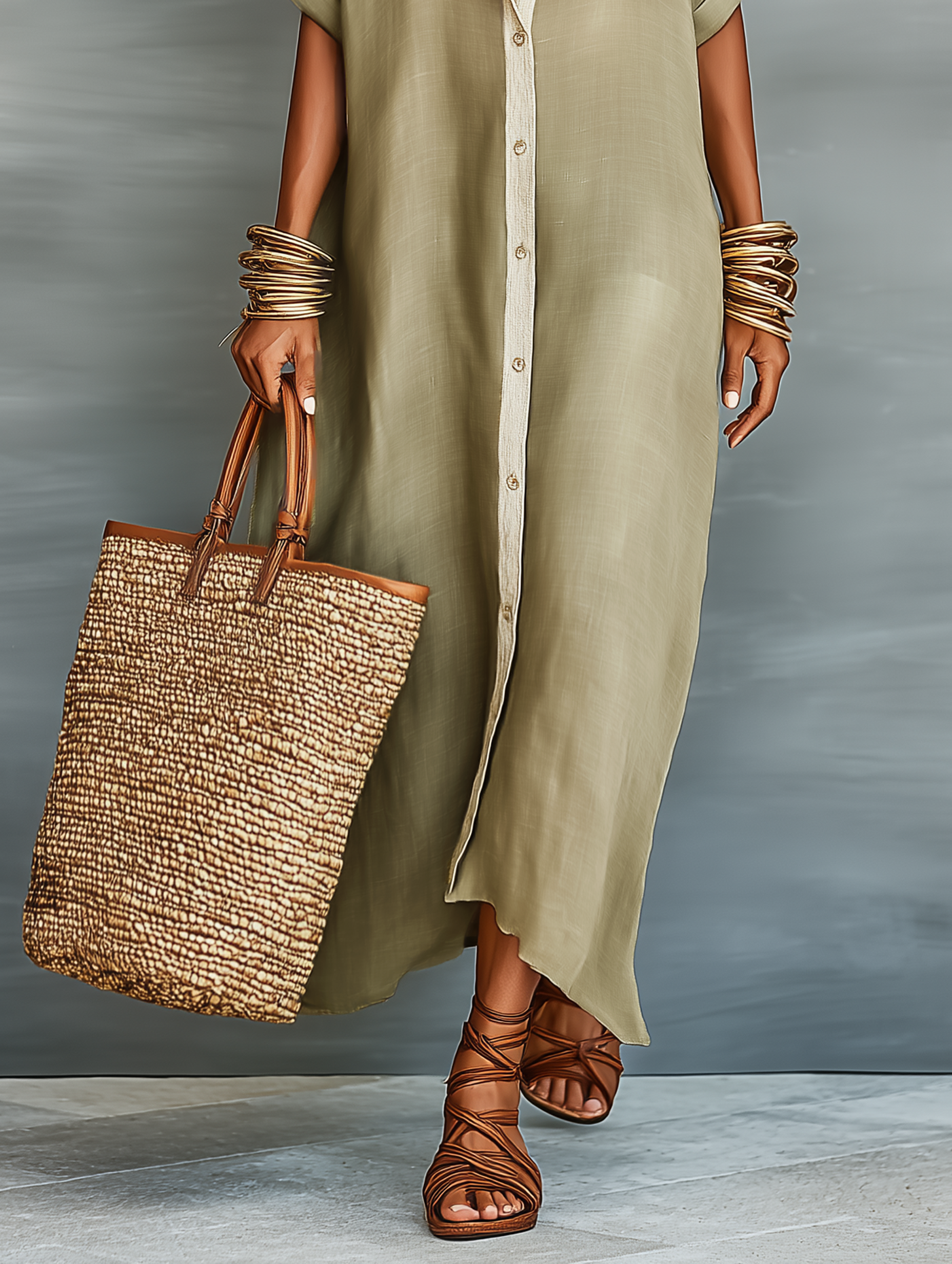 Short Maxi Dress with Short Sleeves Made of Mixed Linen for Women MDZ0647A2Y