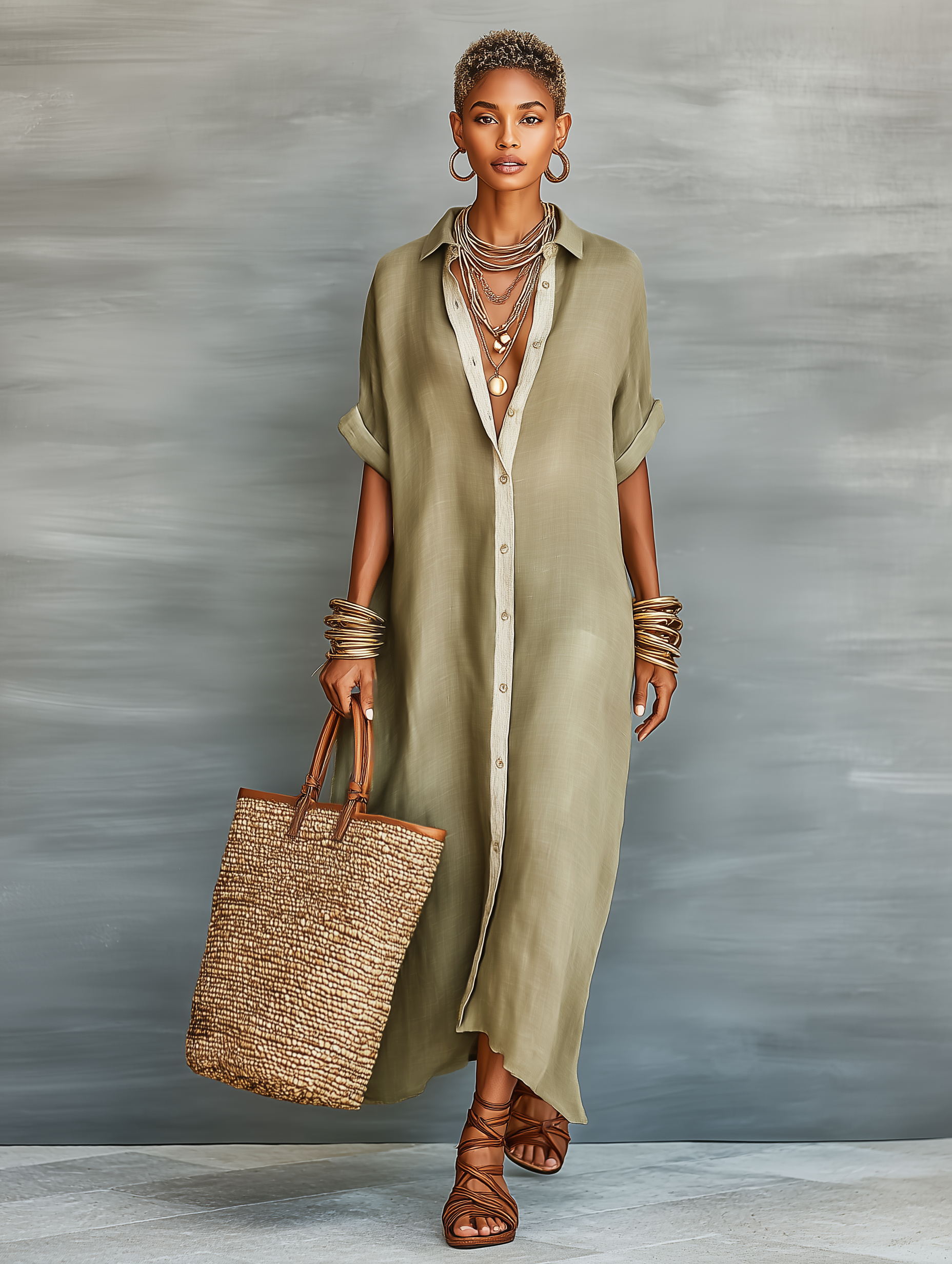 Short Maxi Dress with Short Sleeves Made of Mixed Linen for Women MDZ0647A2Y