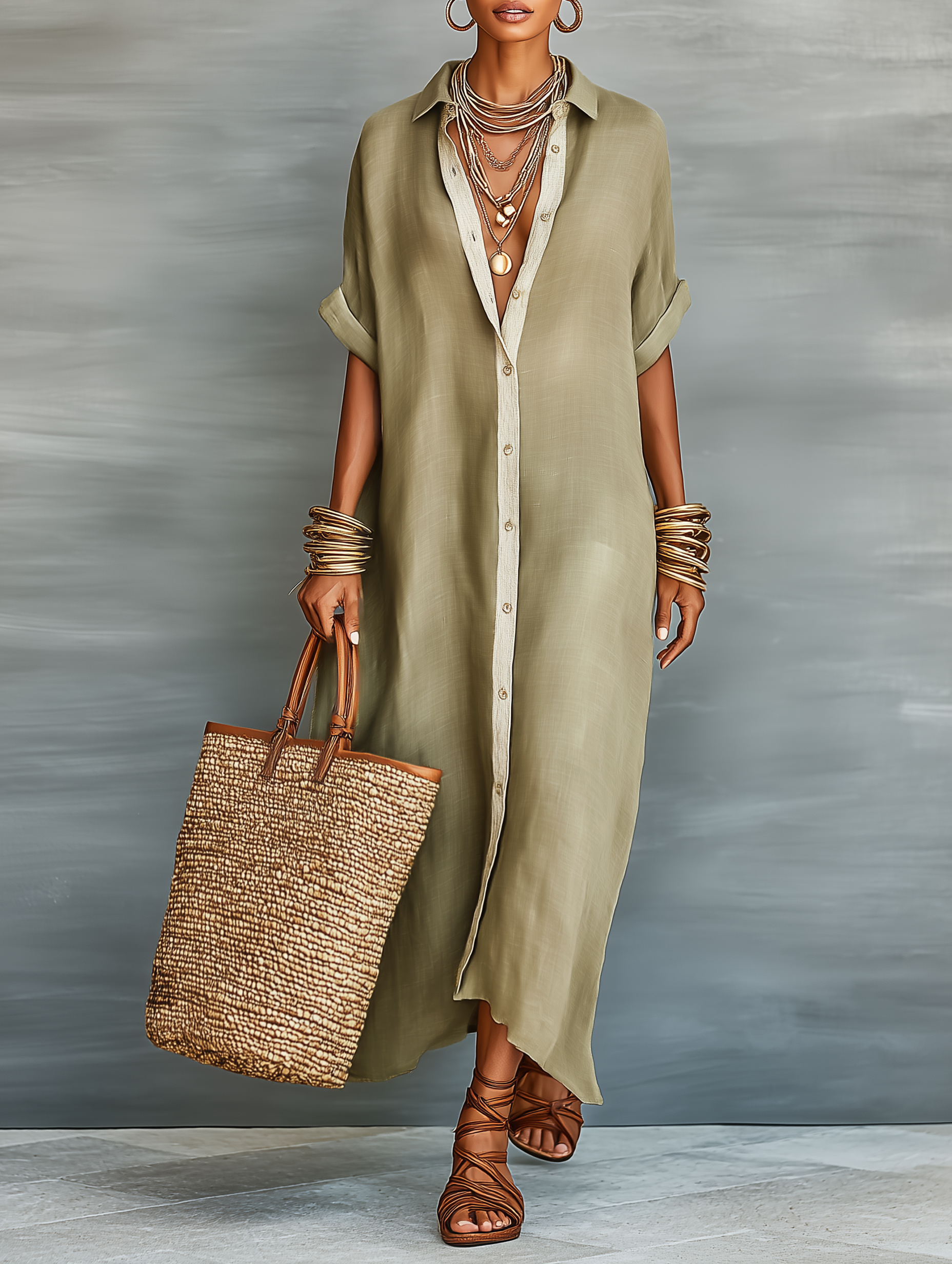 Maxi dresses with short sleeves made of designed linen for women