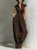 Minimalist Linen Jumpsuit for Women with Short Sleeves and Wide Legs MDZ0863A5Y