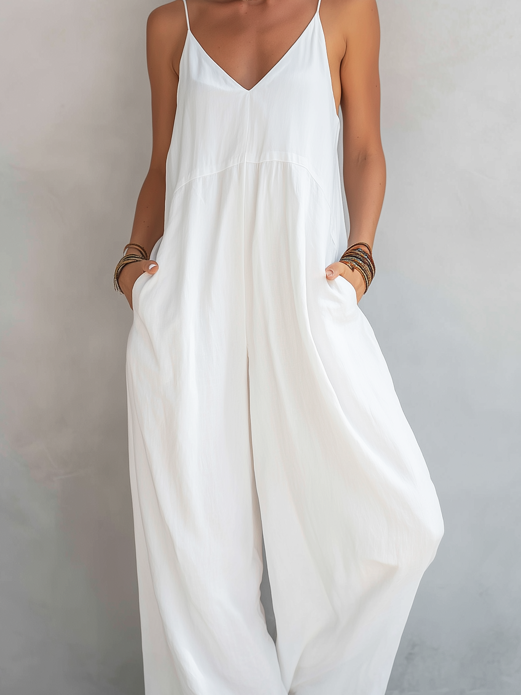 Women's Summer Bodysuit in White Made of Cotton and Linen MDZ0246C9AN
