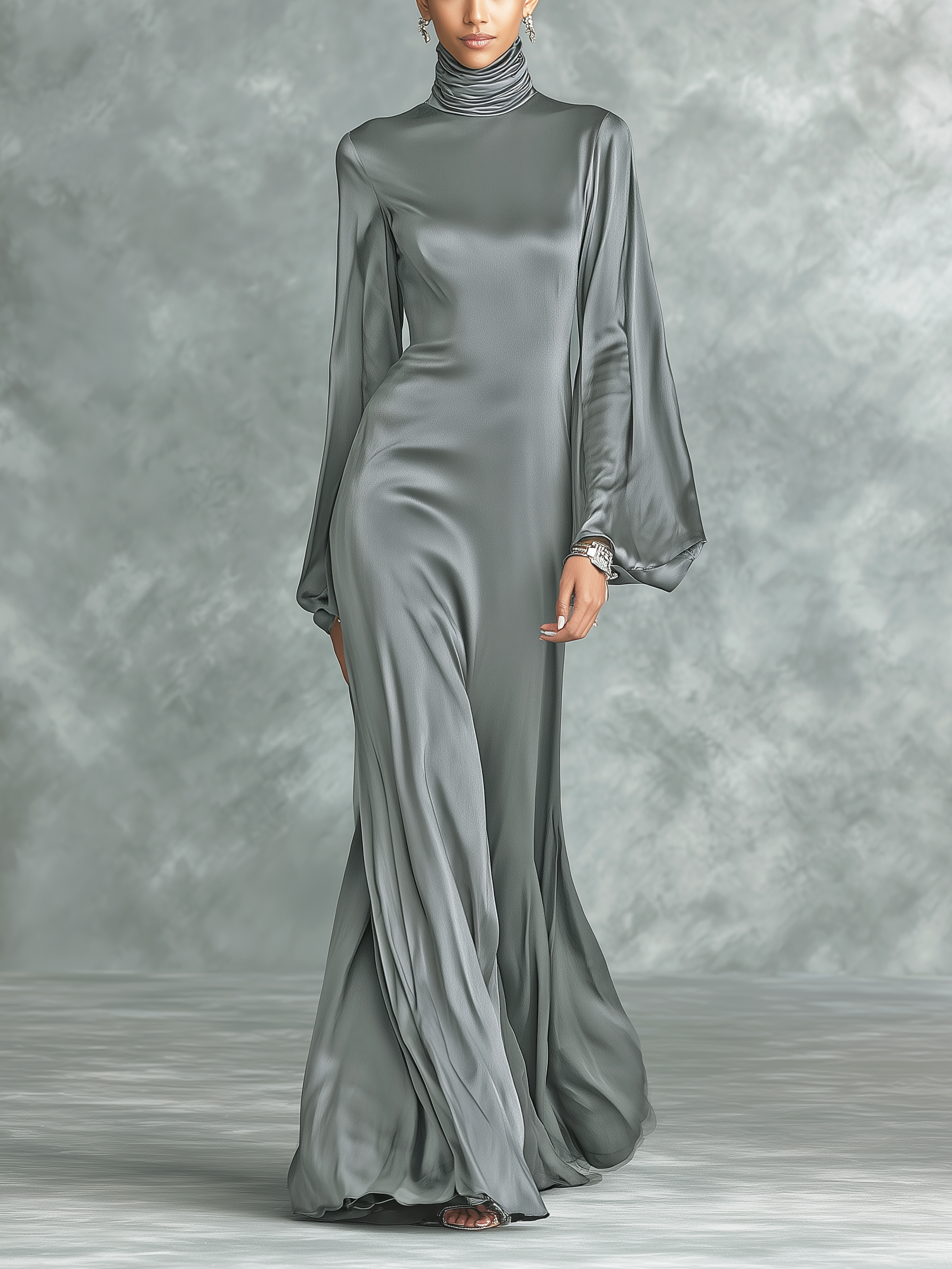Stylish Gray Maxi Dress for Women with High Collar, Long Sleeves, and Loose Cut MDZ0690A0AN
