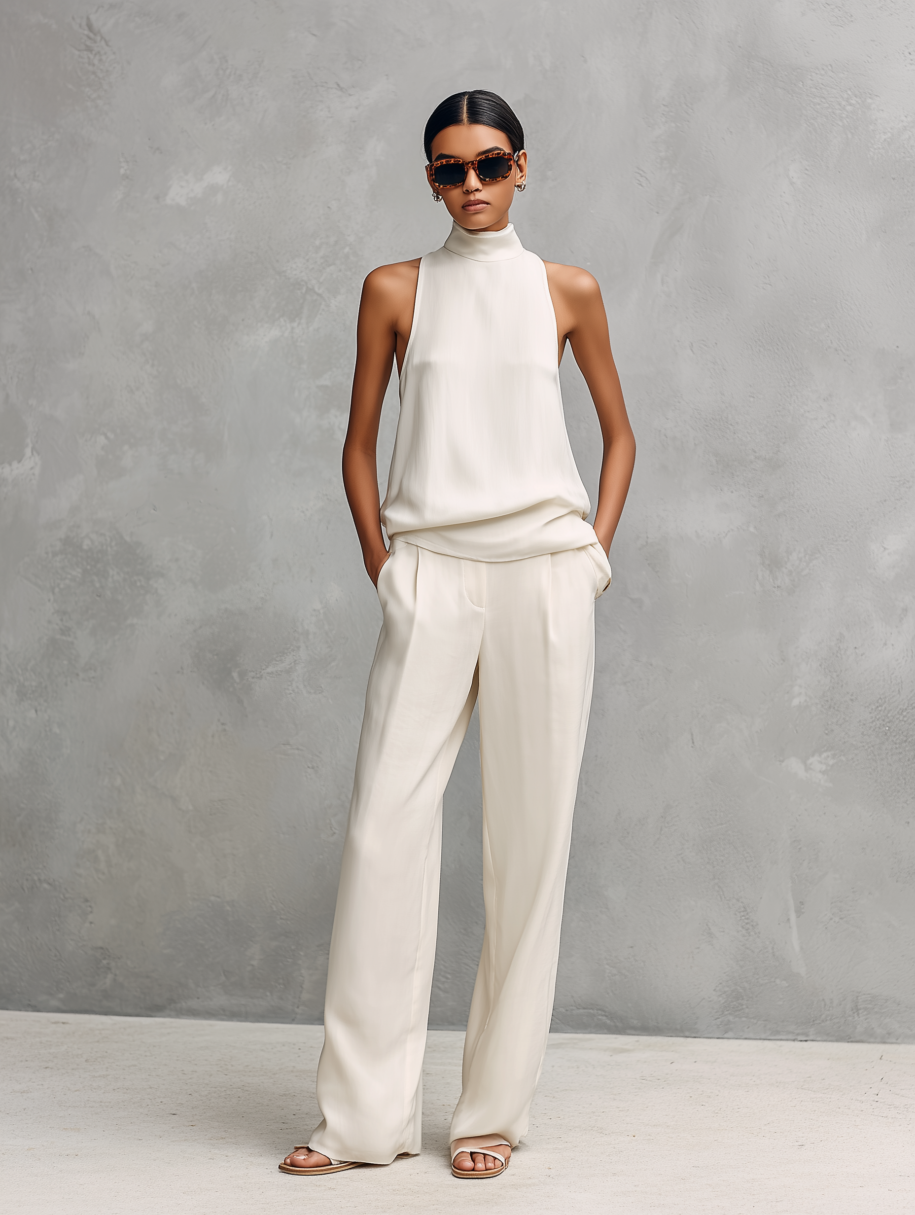 Women's Elegant Black Top and Pants Set, Made of Cotton and Linen, with a Round Collar and Sleeveless MDZ1441A4AN
