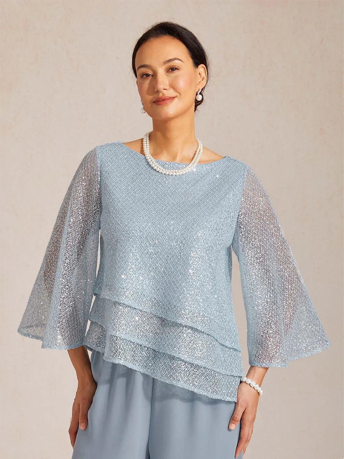 Layered mesh top with sequins and bell-shaped sleeves