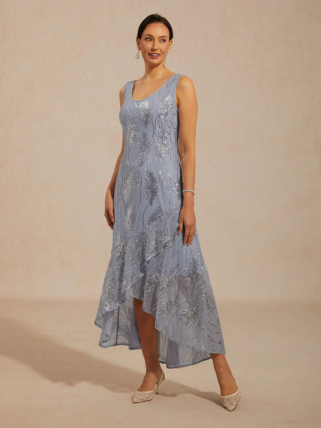 A-Line Sleeveless Maxi Dress with Sequins Overlay