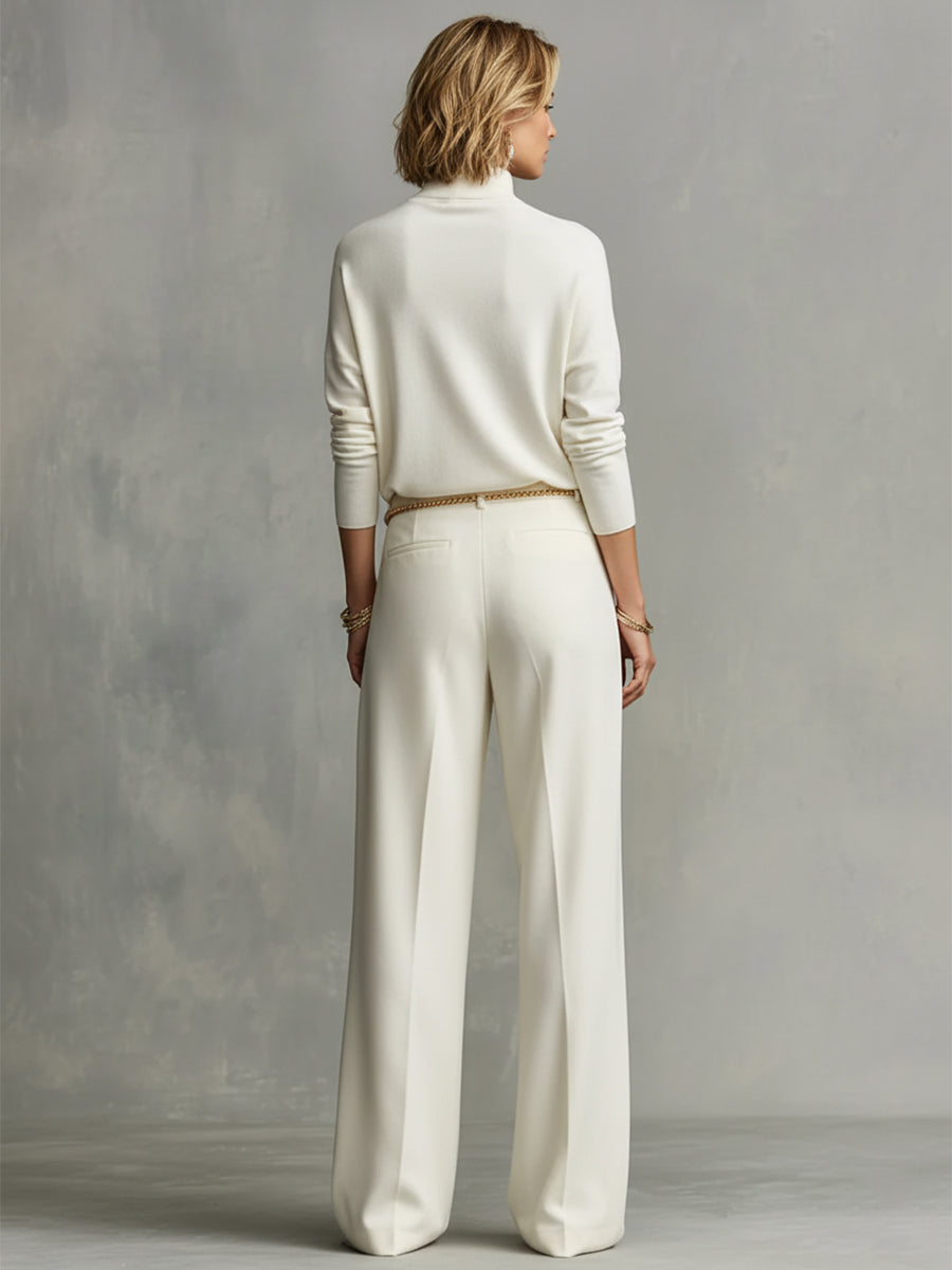 Women's Turtleneck Top in Cream Color with Wide and Spacious Pants MDA0185K5I