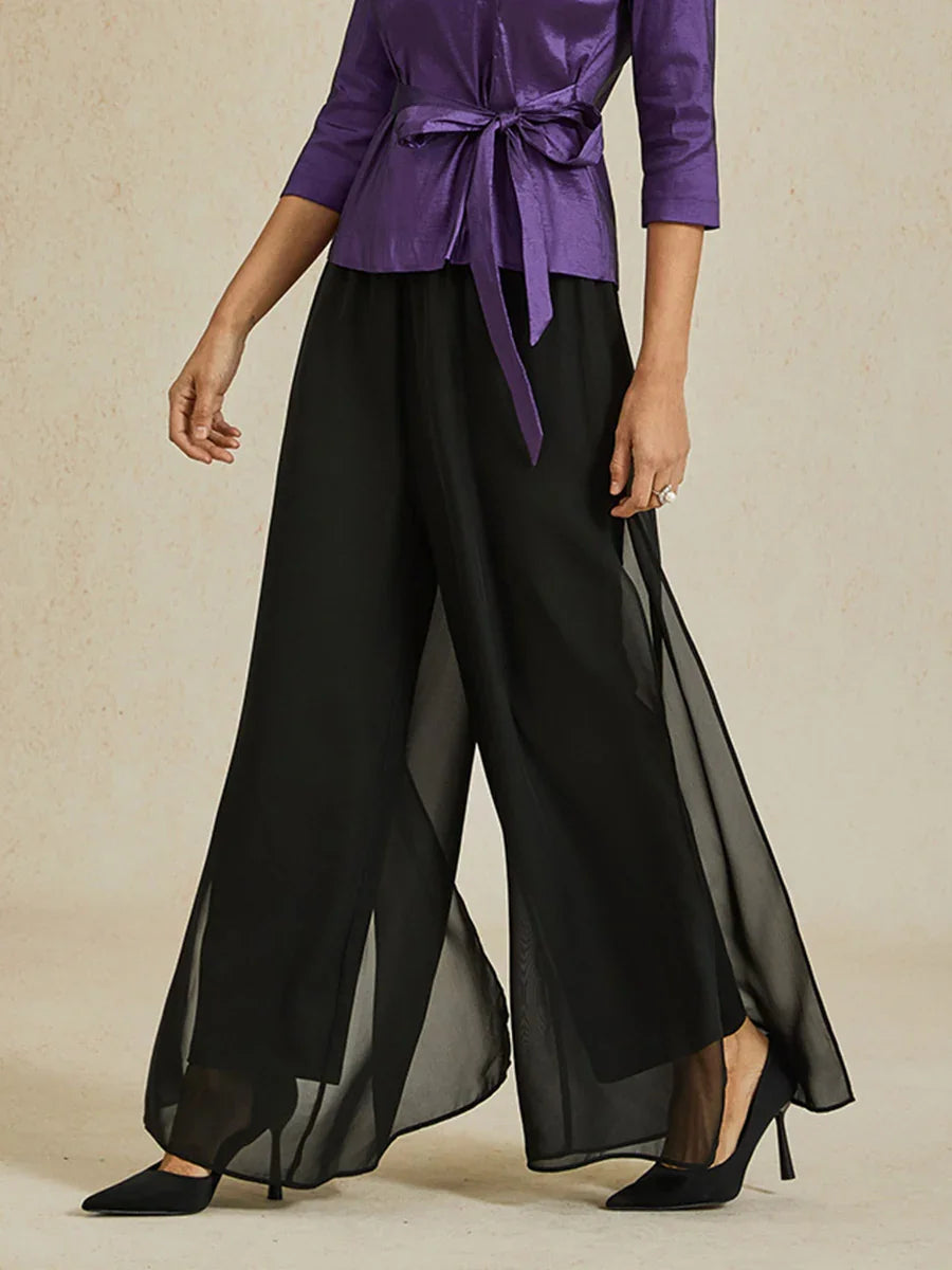 Straight Pants with Flowing Split Chiffon Layer