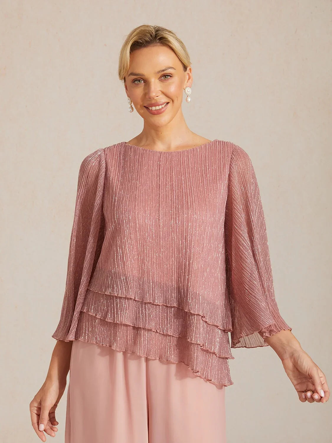 Asymmetrical Layered Shirt in Crinkled Metallic Chiffon