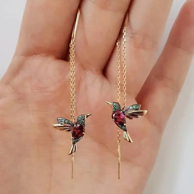 Gold and Crystal Hummingbird Wire Earrings