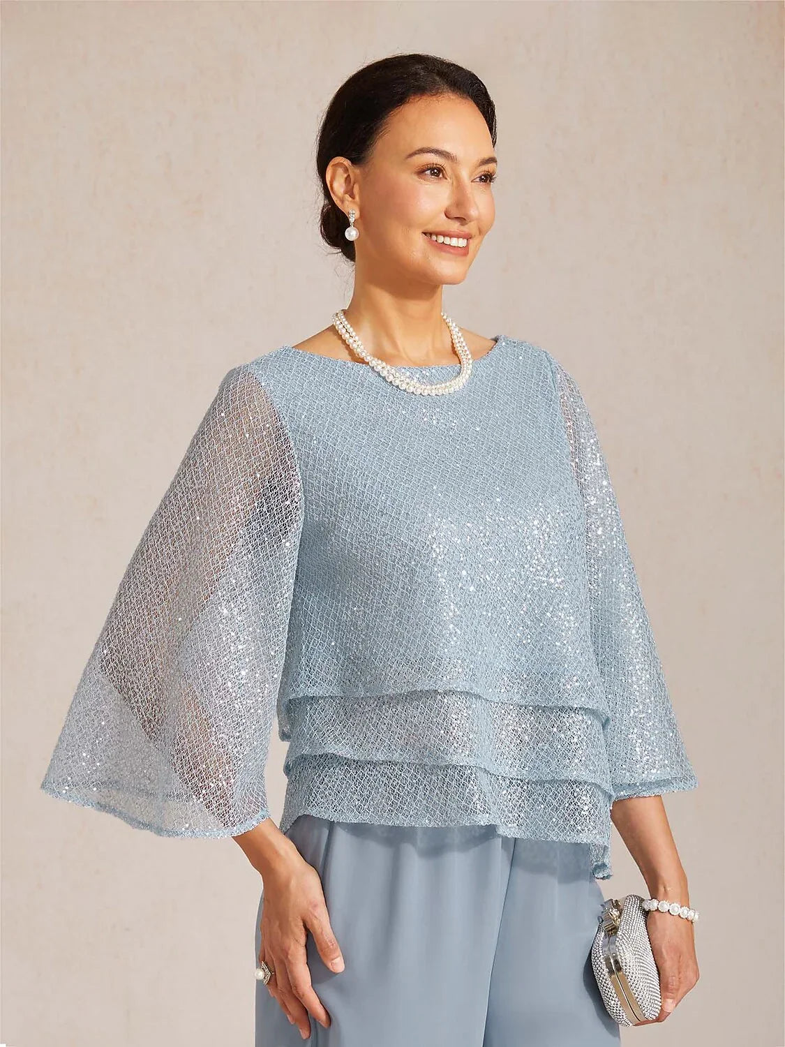 Layered mesh top with sequins and bell-shaped sleeves