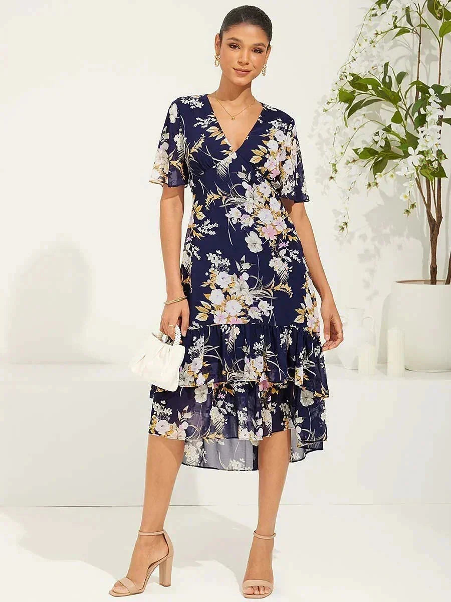 Floral Mid-Length Chiffon Dress with V-Neck and Zippers