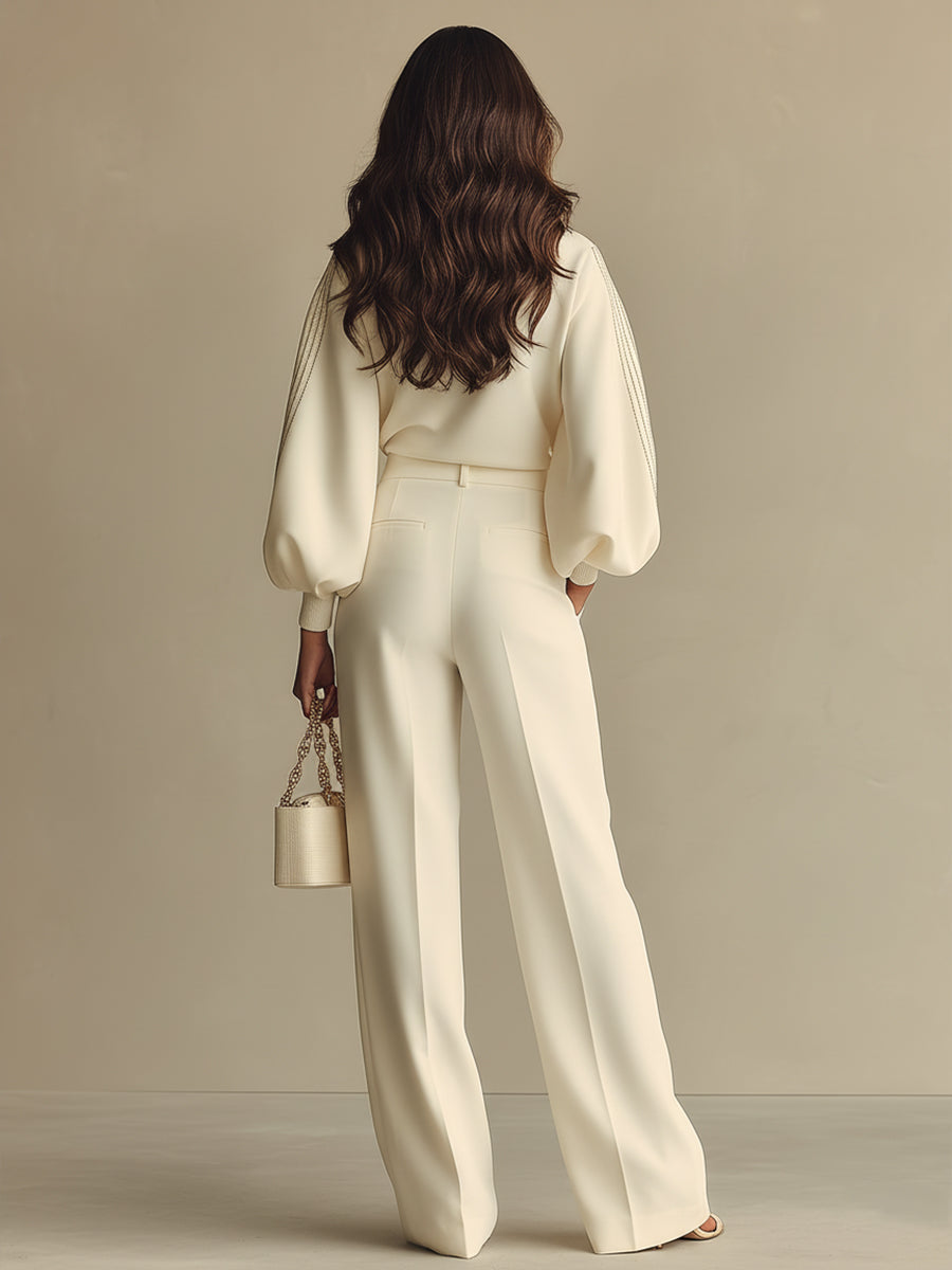 Textured Ivory Set for Women with Crinkled Round Neckline and High-Waisted Pants, Modern and Refined Set MDA2231L6I