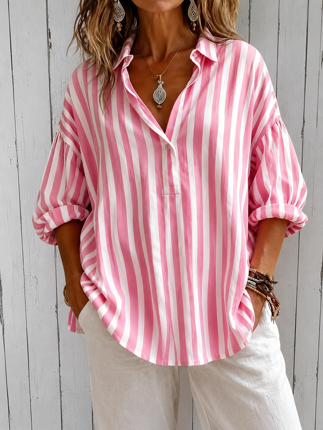 Shirt | Loose Blouse with Stripes and Collar
