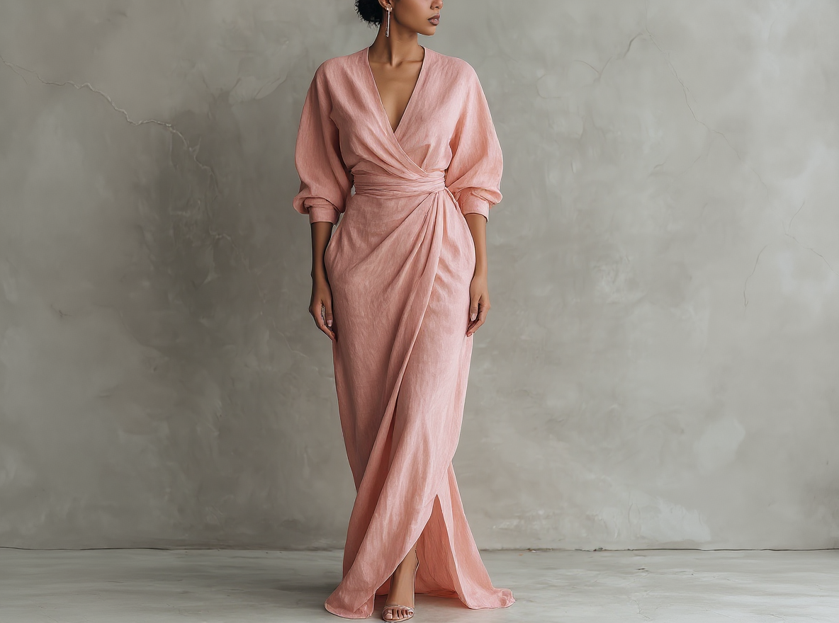 Pink Minimalist Long Dresses with V-Neck Made from Linen Blend for Women