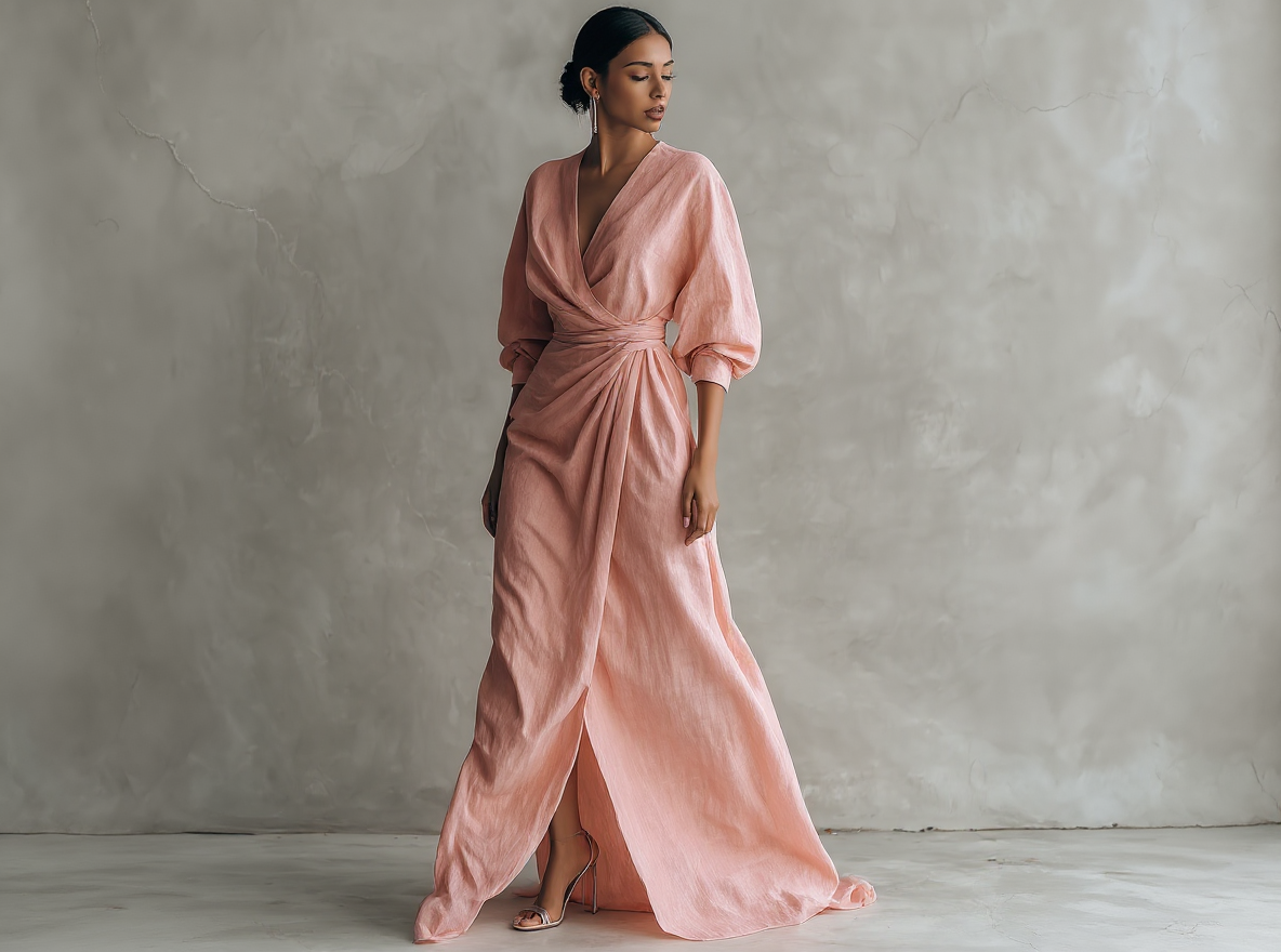 Pink Minimalist Long Dresses with V-Neck Made from Linen Blend for Women