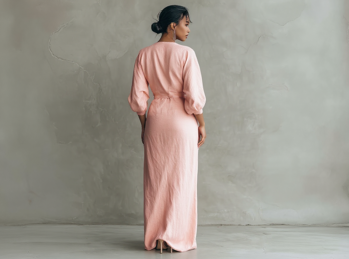 Long Pink Minimalist Dress with V-Neck in Linen Fabric for Women