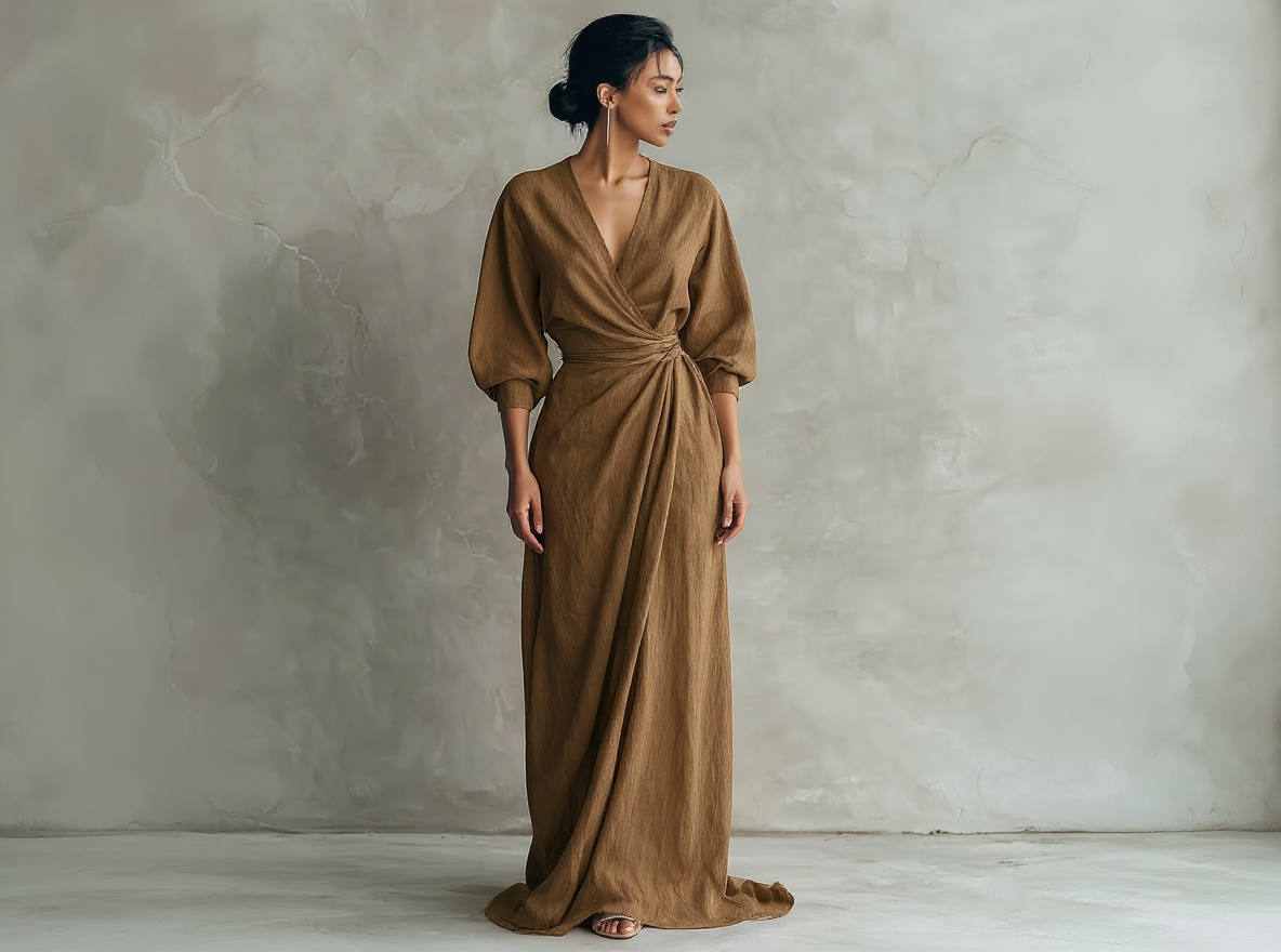 Long Pink Minimalist Dress with V-Neck in Linen Fabric for Women