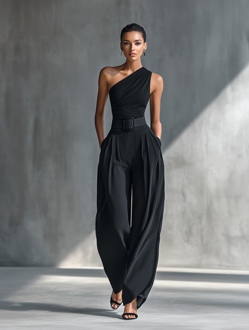 Black Crocheted Top for Women with High Elasticity and Wide Linen Pants MDZ1068B3T