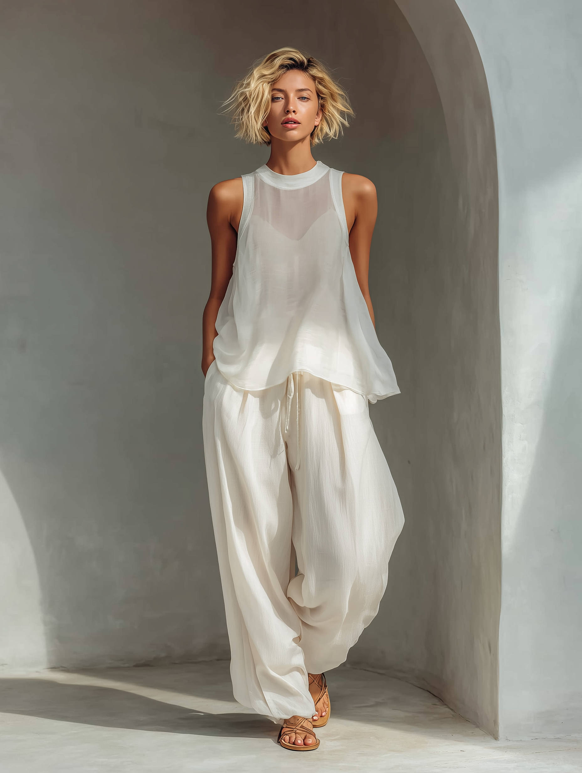 Two-Piece Set for Women in Cream Color with Sleeveless Sheer Silk Top and Wide Skirt Made of Cotton and Linen MDZ1039C4T