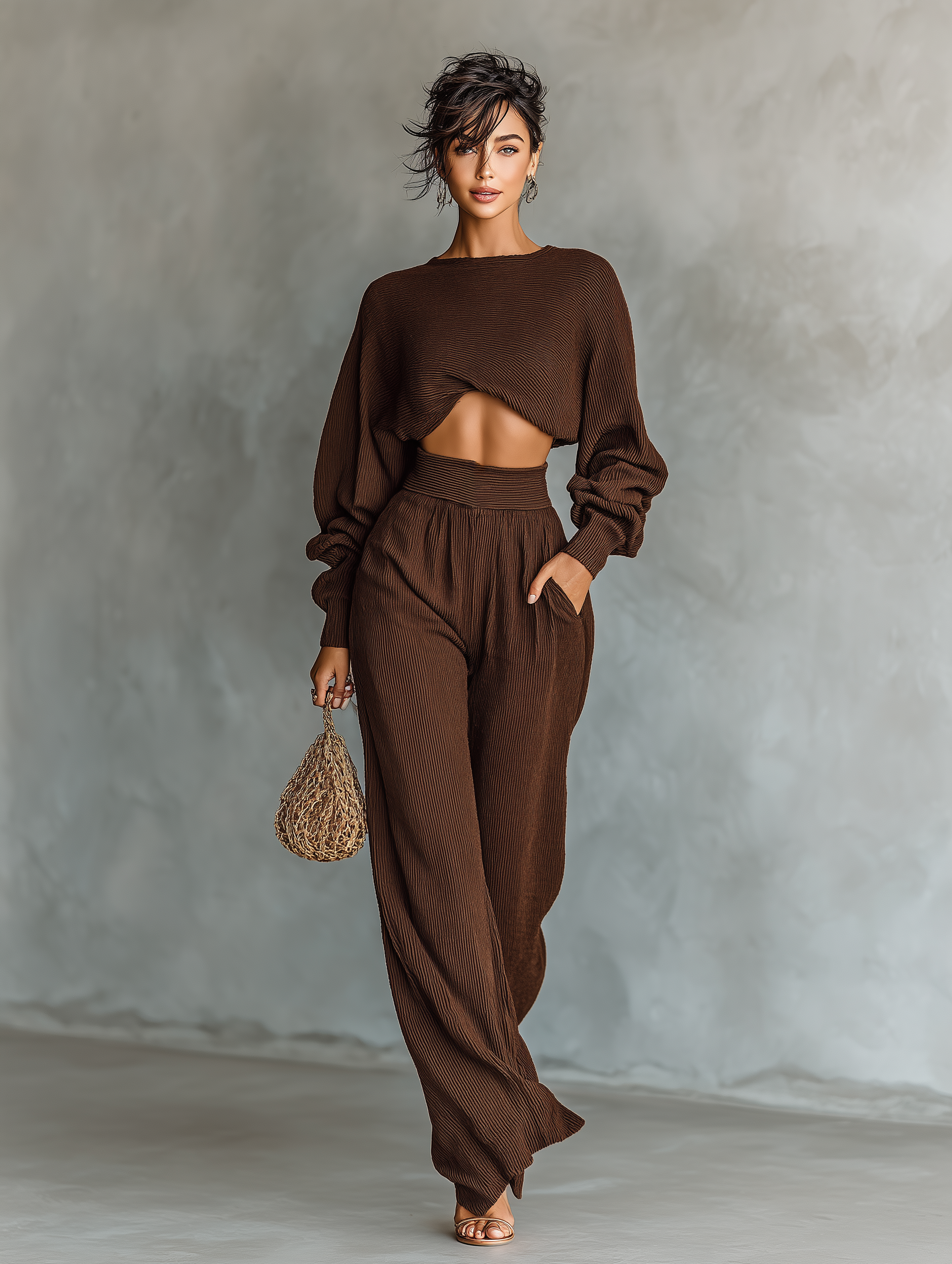 Knitted Set for Women in Coffee Color: Short Top and Wide Pants MDA3000G6T