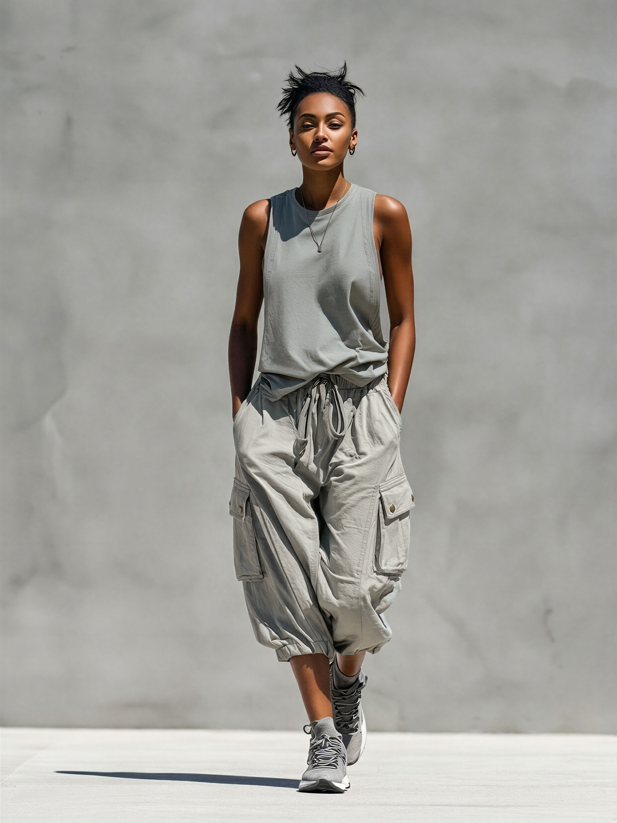 Sleeveless Tank Top and Cargo Jogger Set for Women in Gray MDZ0853E1T