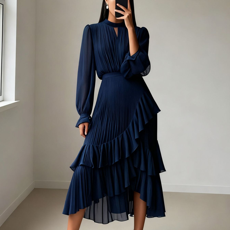Elegant Midi Dress with Pleats and Hem