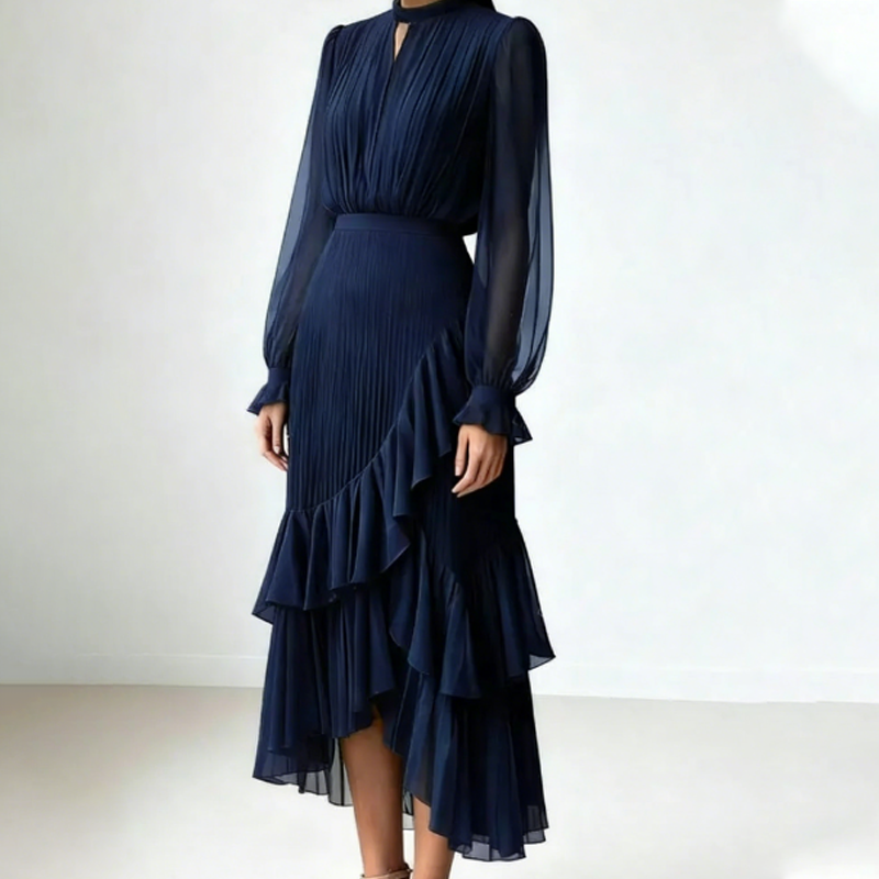 Elegant Midi Dress with Pleats and Hem