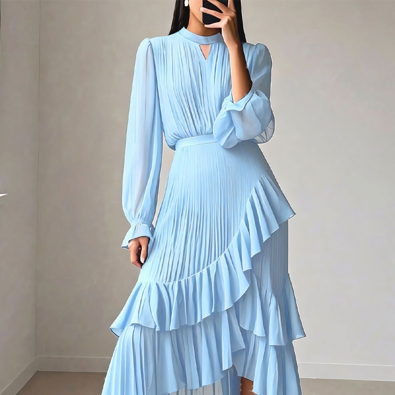 Elegant Midi Dress with Pleats and Hem