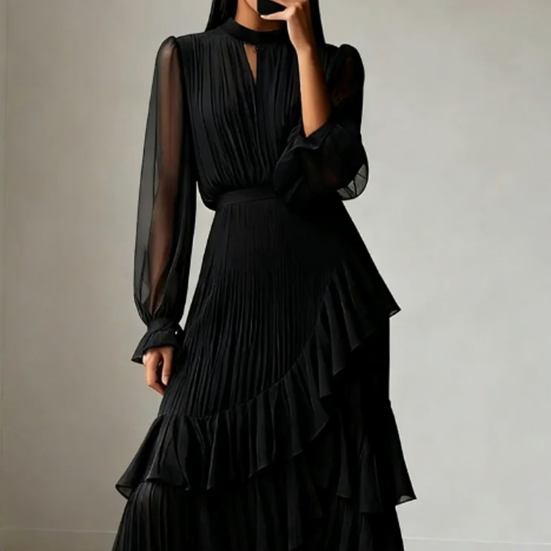 Elegant Midi Dress with Pleats and Hem