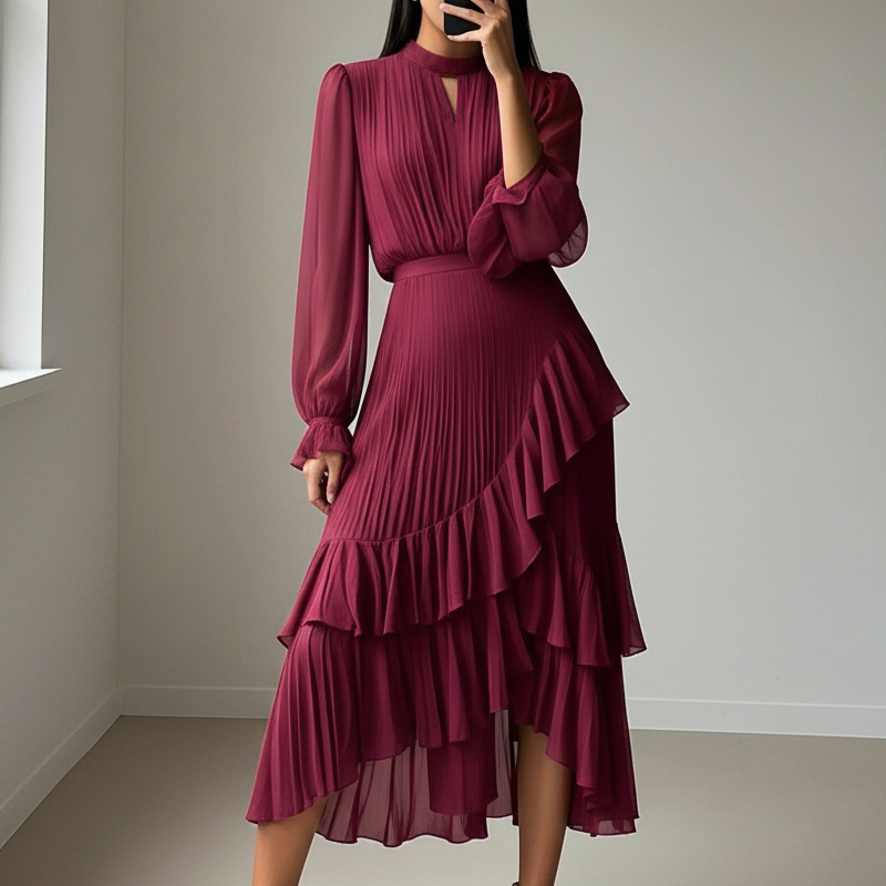 Elegant Midi Dress with Pleats and Hem
