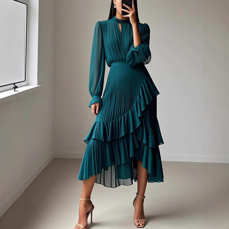 Elegant Midi Dress with Pleats and Hem