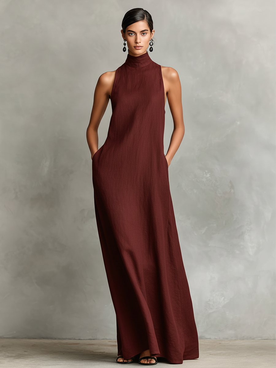 Black Maxi Dresses for Women with High Collar and Side Pockets, Classic Minimalist Dress MDZ2597D7LYL