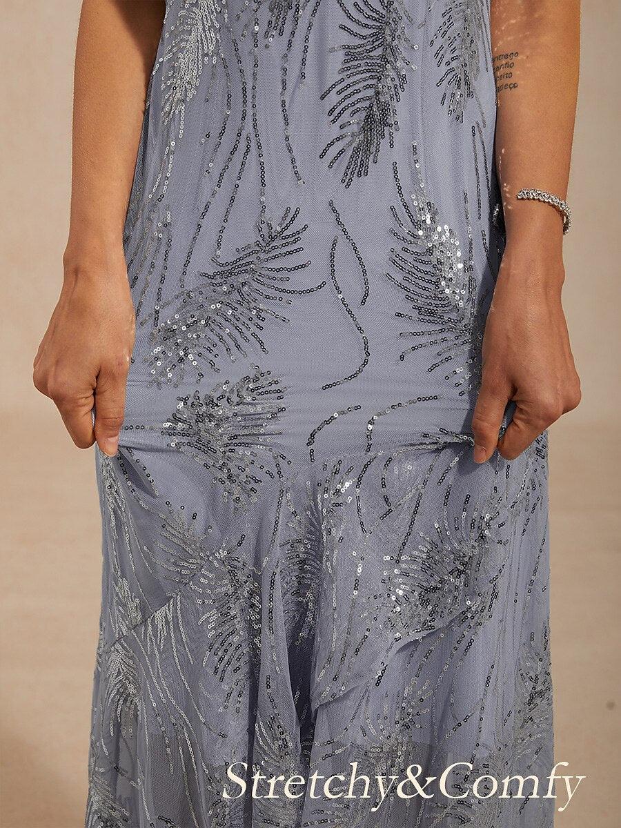 A-Line Sleeveless Maxi Dress with Sequins Overlay